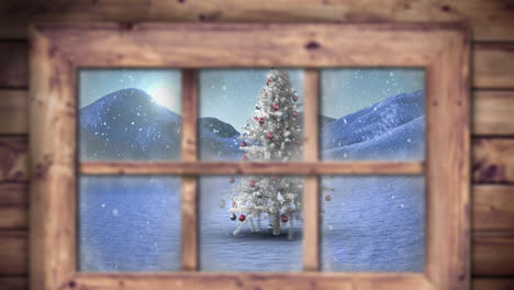 Animation of snow falling over christmas tree and winter scenery seen through window