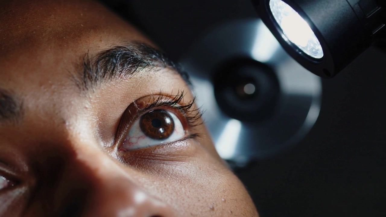 Tracking patient right eye lamp turning on and moving for clinic exam, loupe and corneal reflection
