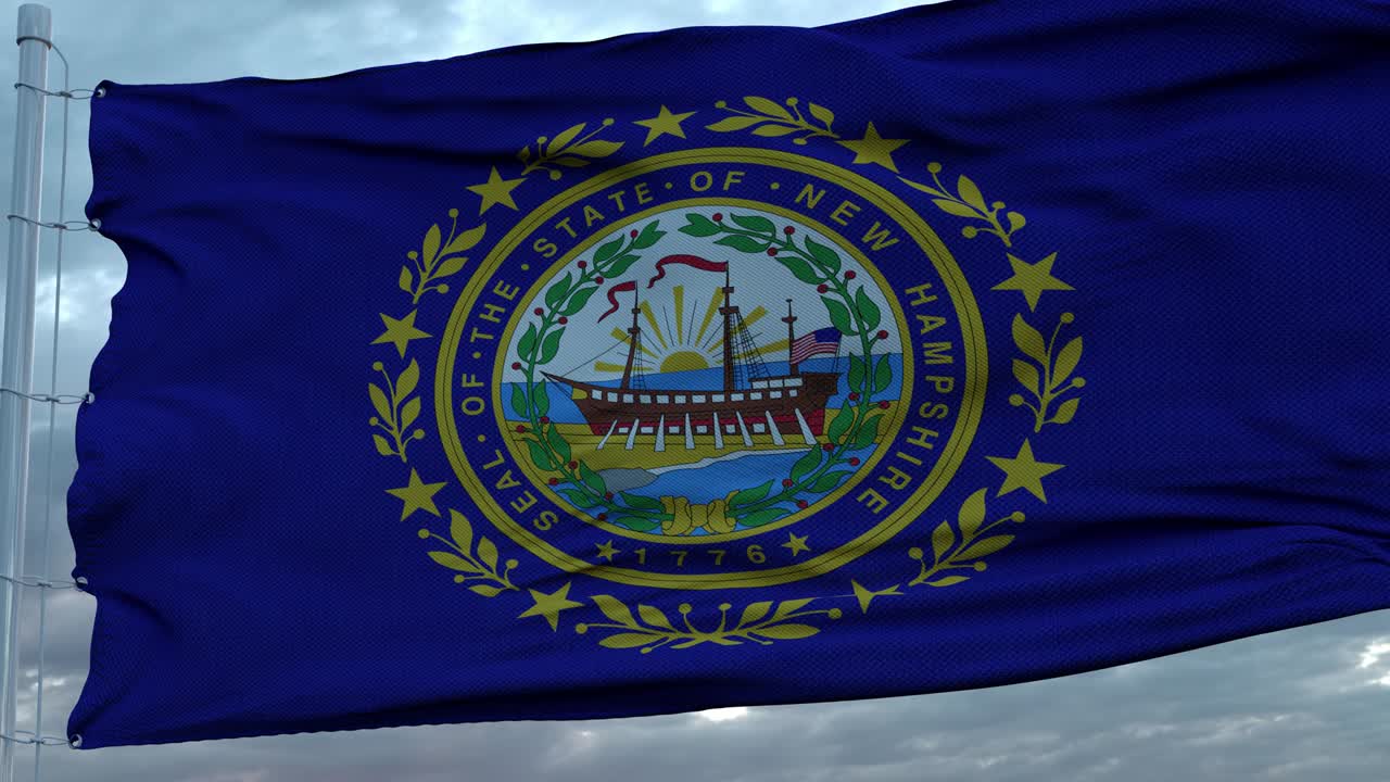 Flag of New Hampshire waving in the wind against deep beautiful clouds sky