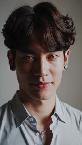 portrait of a young man smiling and wearing a light blue shirt and a silver necklace on a gray background, he has brown hair and is wearing earrings