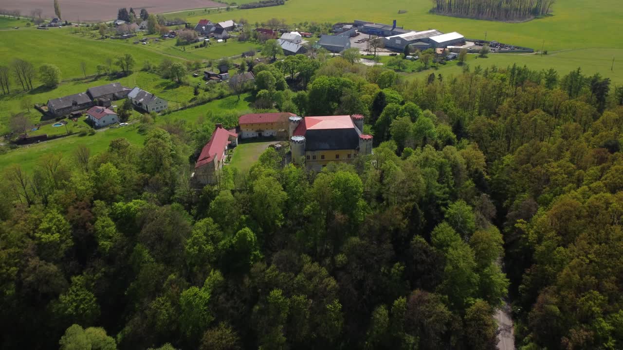 Aerial view of the female Castle. Czech castle on top of the hill. Divci Hrad, Czech Republic 4K