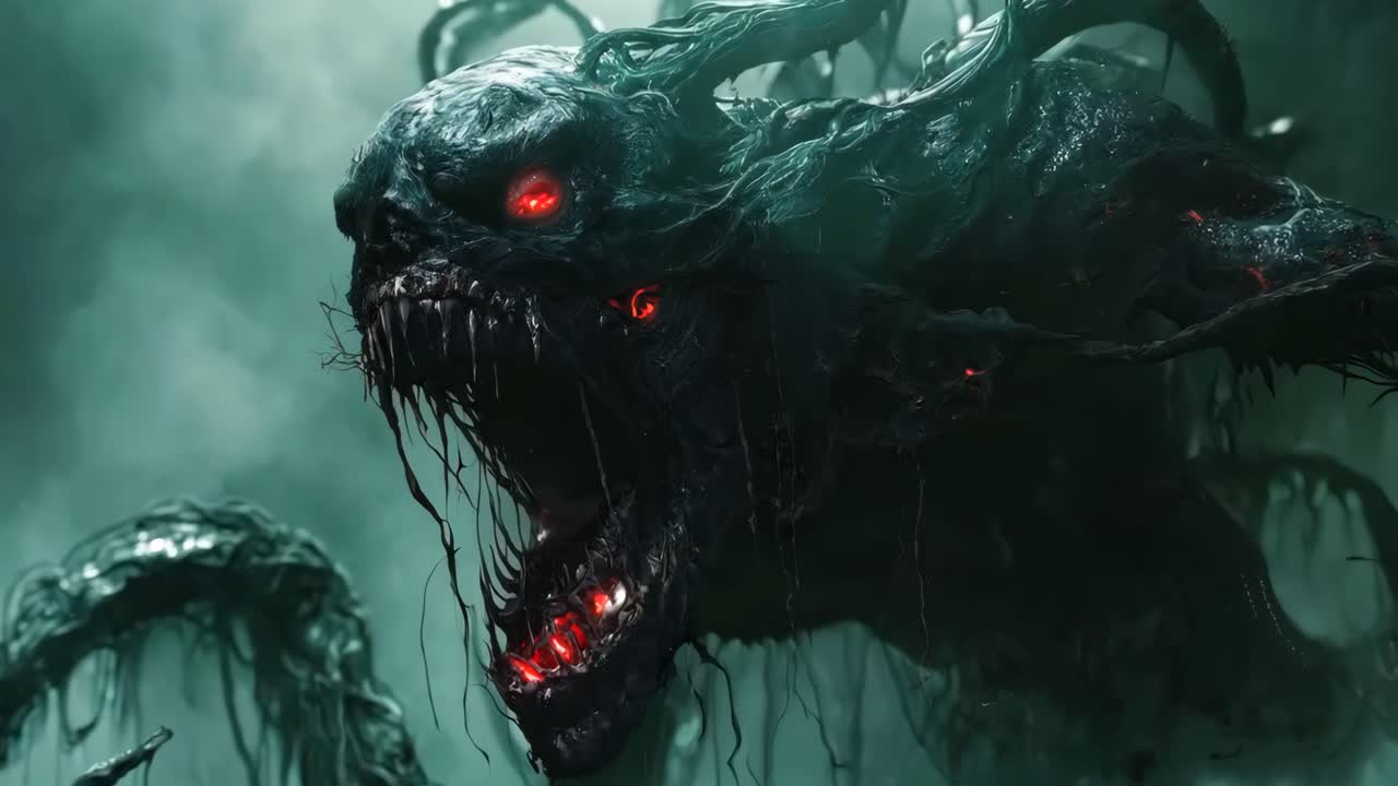 una criatura demoníaca con ojos rojos en el medio de un bosque