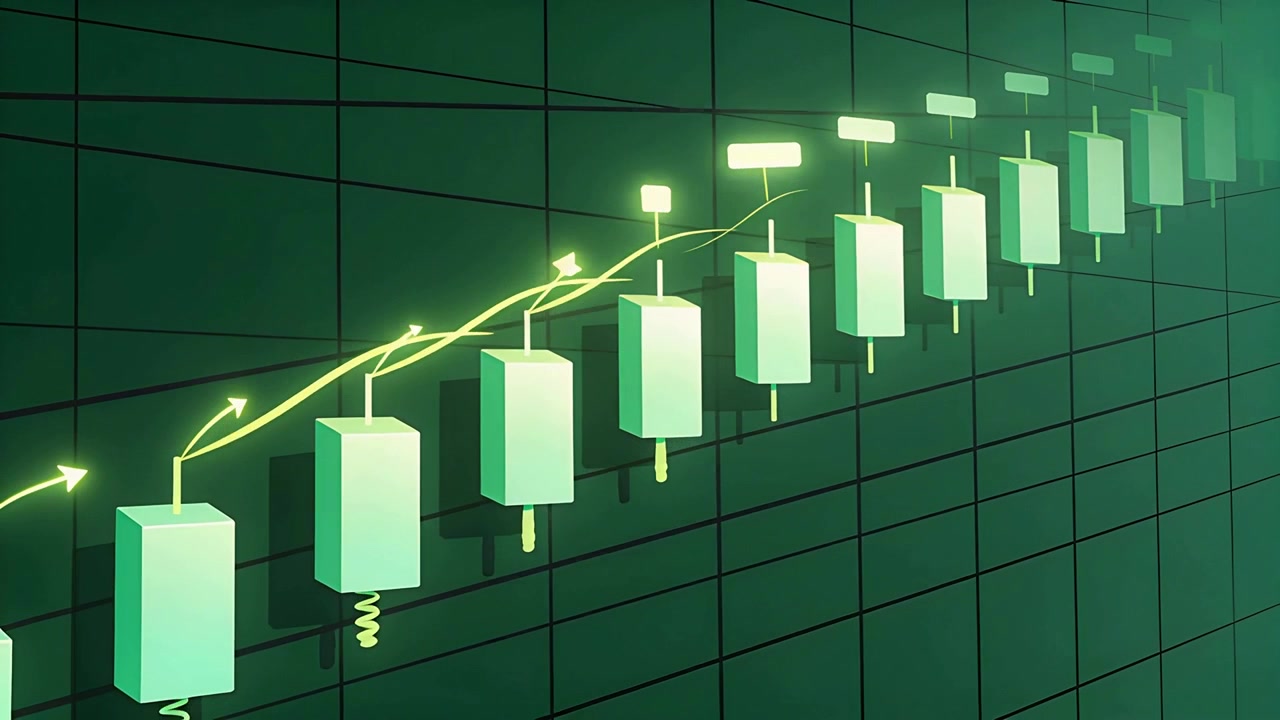 Rising diagonal mint candlestick bars climbing grid, following neon arrows initiating upward trend