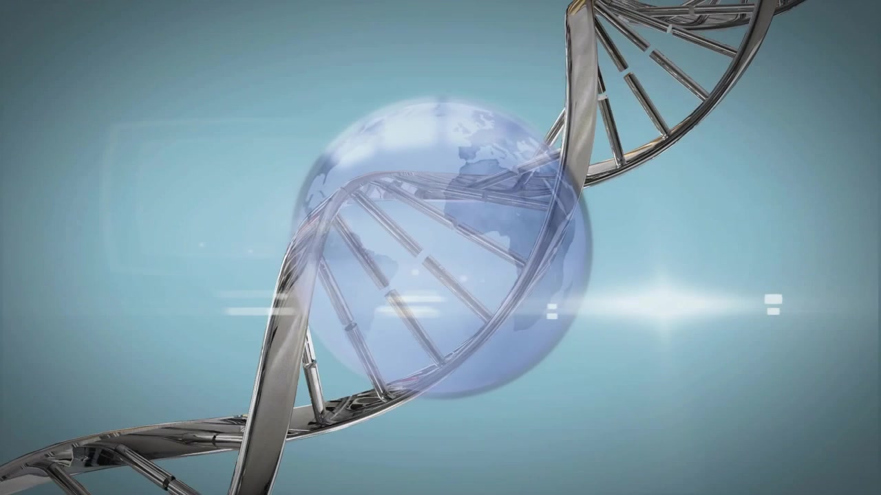 Sfera che appare fuori campo, entrando in un'elegante elica rotante, allineandosi e formando un motivo a globo per la biotecnologia.