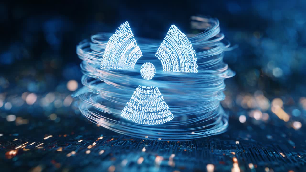 Dynamic Visualization of Radiation Symbol in a Digital Environment with Binary Elements, Representing Technology, Science, and Data Interaction