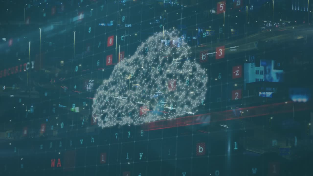 데이터 처리 및 클라우드 오버 시티 스케이프의 애니메이션