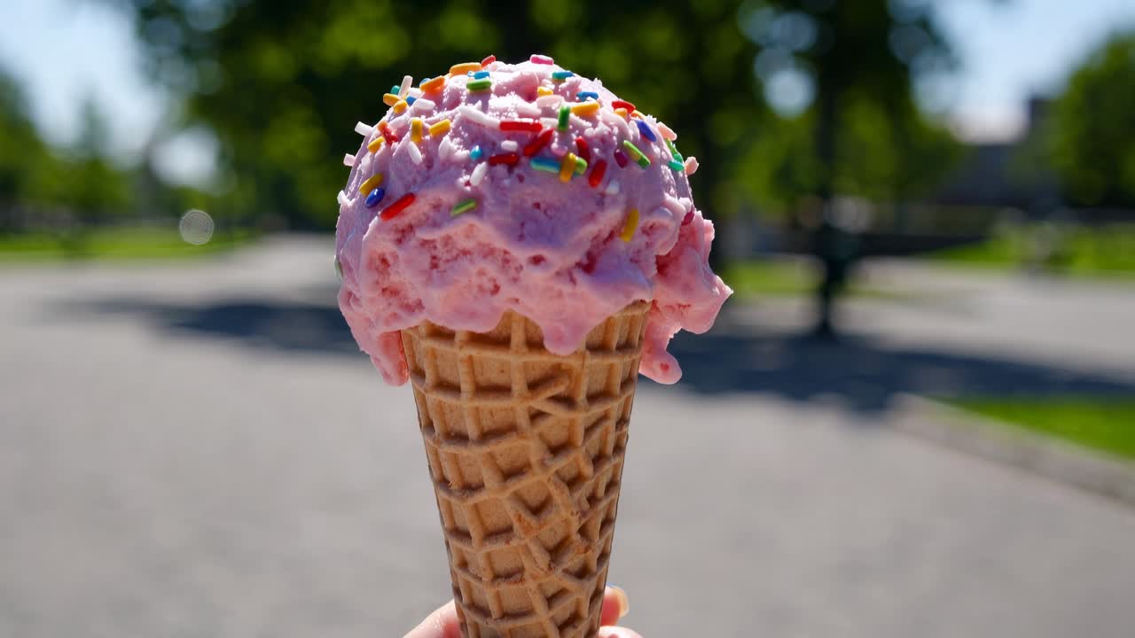 Close-up shot of a pink ice cream cone with sprinkles, held outdoors