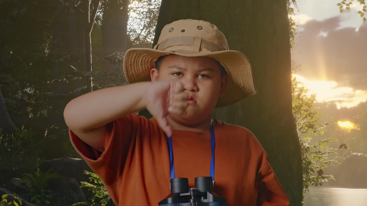 모자를 입고 있는 아시아 소년은 안경을 통해 쳐다본 후 엄지손가락을 내려놓은 몸짓을 하고 있다. 소년 연구자는 숲의 자연을 탐험하는 동안 무언가를 조사한다.