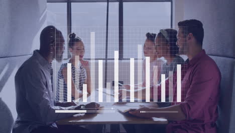 business meeting with bar chart animation over diverse team discussing in office