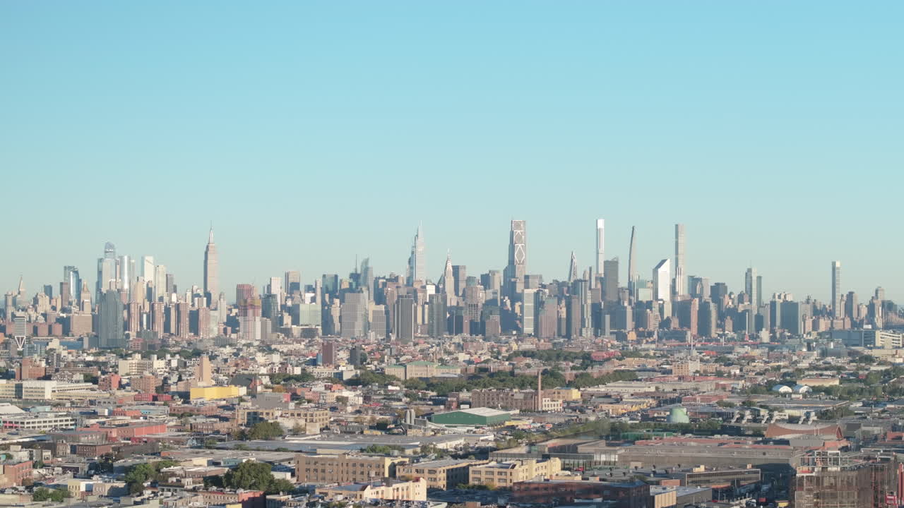 Aerial view of the New York City skyline. Shot on an Autumn morning in Brooklyn.