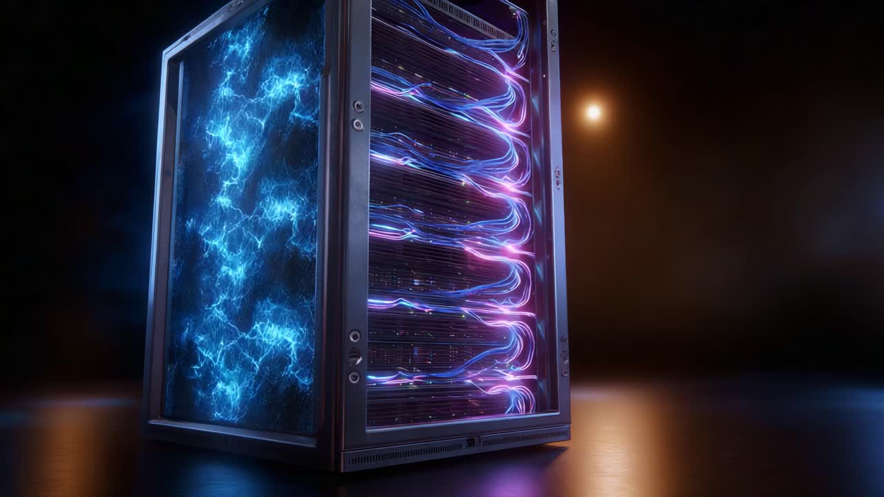 Futuristisk dataserver med elektriske blå og pink lyseffekter, der viser avanceret teknologi i et mørkt miljø med glødende elementer, der forbedrer dens design