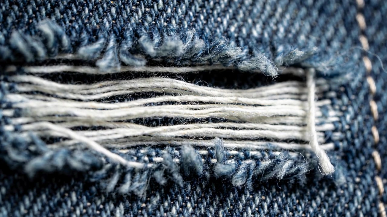 Camera tightening focus, frayed denim tear revealing white weft in macro, white tail and seam