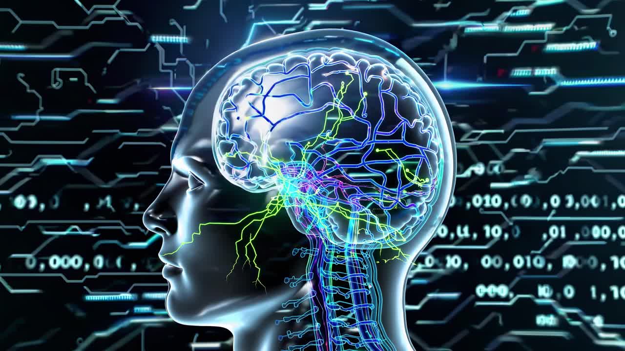 Side view of a digital brain with neural pathways, set against a backdrop of binary code, perfect