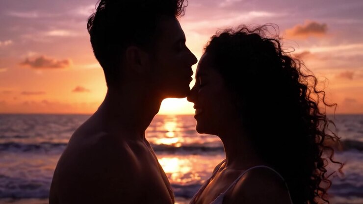 Une étreinte romantique au coucher du soleil : Capturer l'intimité de l'amour et de la connexion entre un couple en silhouette sur un horizon océanique à couper le souffle