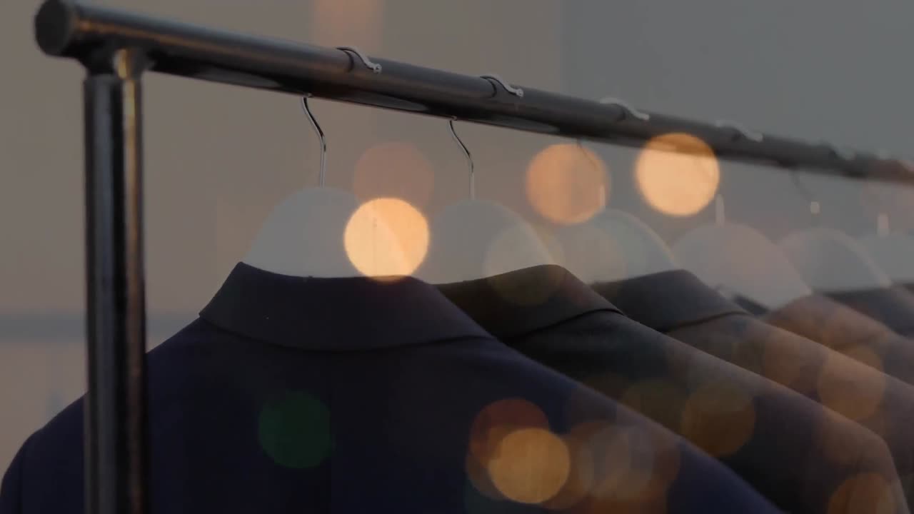 Animation of bokeh lights over jackets hanging on display in clothes shop