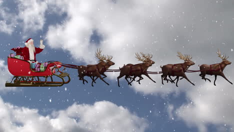 animation of snow falling over christmas santa claus in sleigh with reindeer