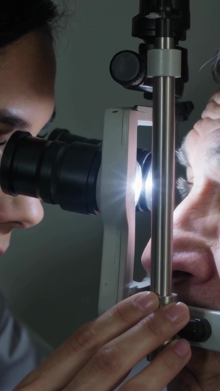 Vertical video: Slit lighting Dr in coat aligning slitlamp and tuning knob in exam room, copy space