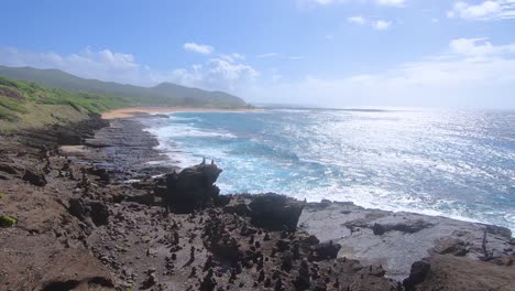 Idyllischer-Blick-Auf-Den-Felsigen-Strand-Mit-Den-Wellen-Des-Pazifischen-Ozeans,-Die-Auf-Den-Strand-Treffen