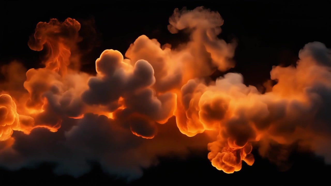 Abstract Glowing Orange Smoke Clouds Swirling Against Black Background