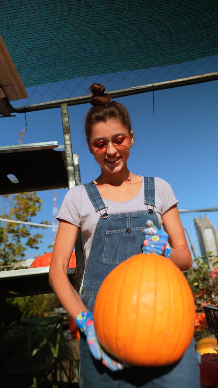 mujer recogiendo calabazas en un mercado al aire libre