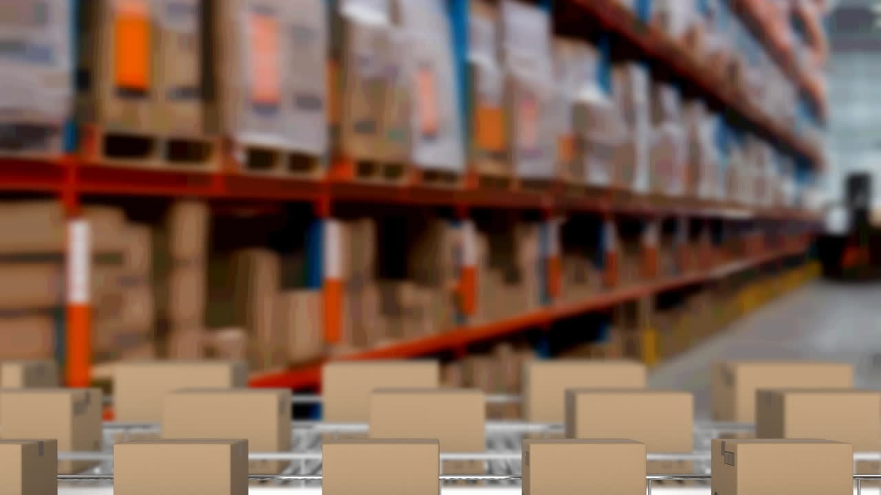 animación de cajas de cartón que se mueven en cintas transportadoras sobre el almacén