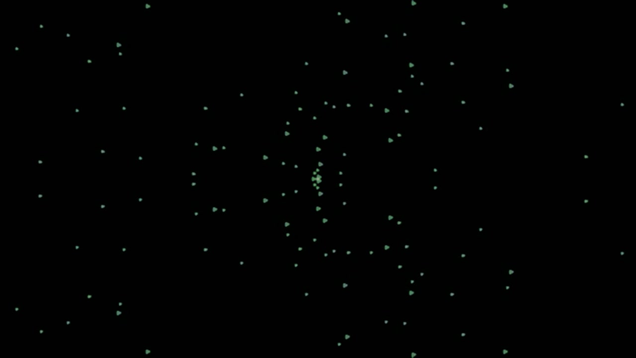Abstracte groene geometrische deeltjes pulserend op zwarte achtergrond.