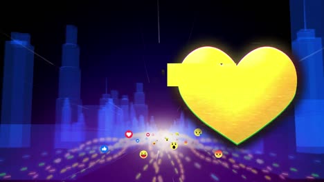 Animation-of-broken-heart-over-internet-icons-moving-fast-on-metaverse-city-background