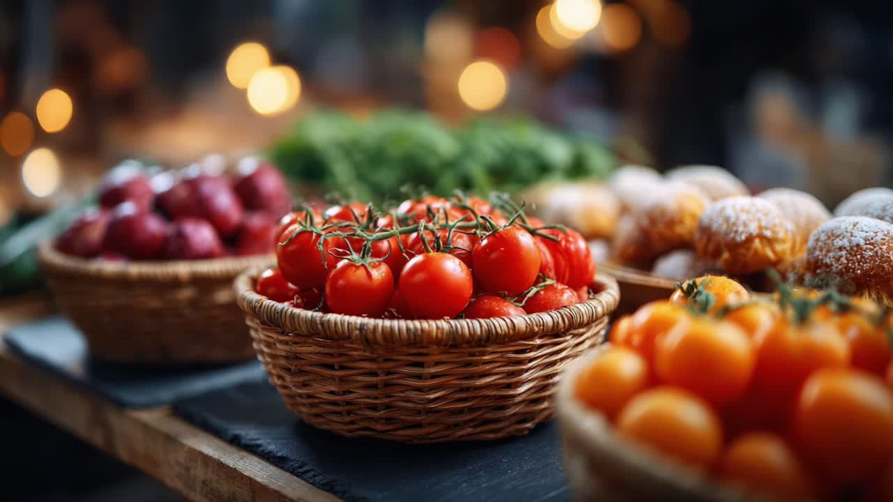 A Vibrant Display of Fresh Produce: A Close-Up View of Red Tomatoes, Colorful Citrus, and Other Market Delights Showcasing Nature's Bounty