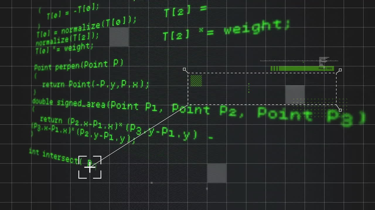 Animation of scanner cursor and grid over green data processing on black background