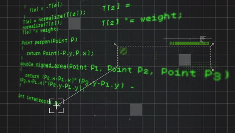 Animation-of-scanner-cursor-and-grid-over-green-data-processing-on-black-background