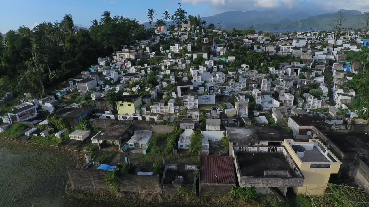Aerial drone view of a rural Indian village with closely packed houses surrounded by palm trees and hills. Peaceful scene capturing traditional village layout and tropical surroundings.