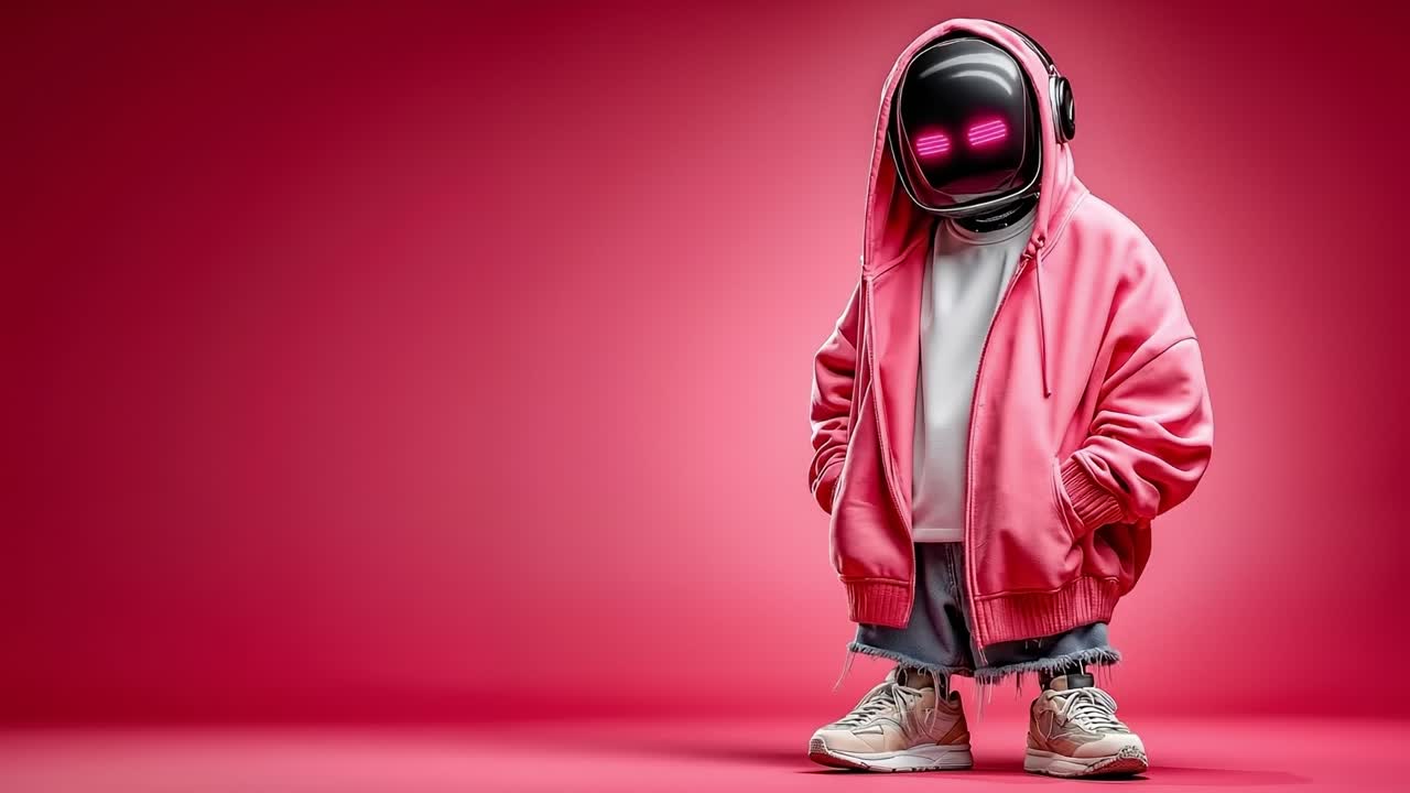 A man in a pink hoodie with headphones on standing in front of a red background