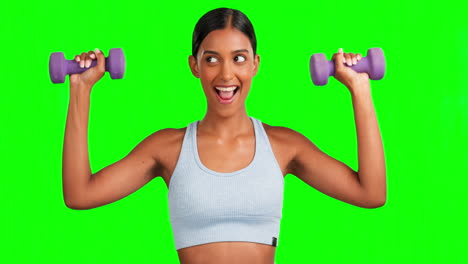pantalla verde, cara o mujer de fitness feliz