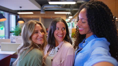 pov selfie portrait of multi-cultural female business team standing in modern open plan office
