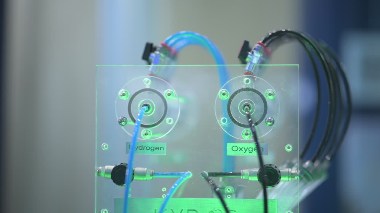 물을 수소로 산소로 나누는 전해조 시연기에 연결된 수소 및 산소 파이프