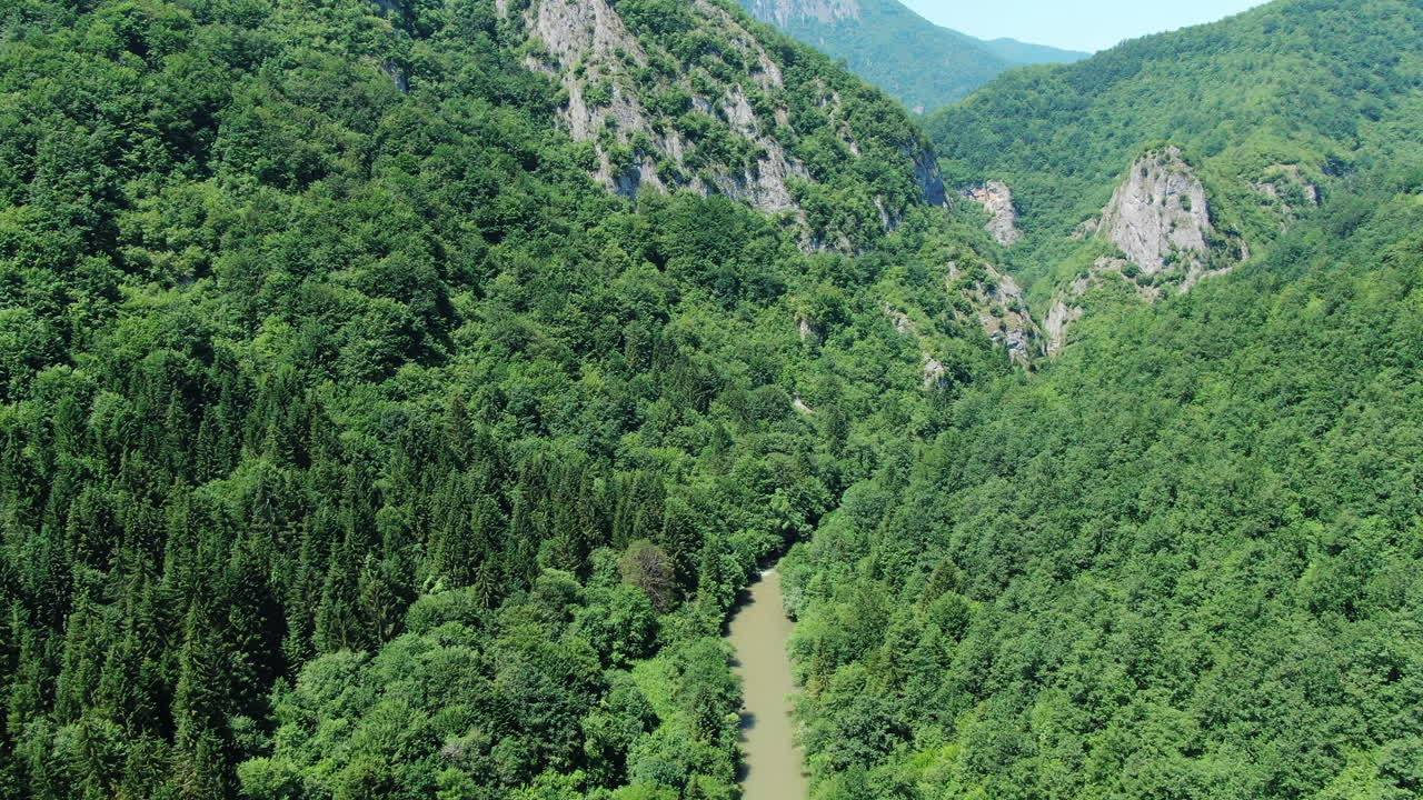 A river flows through a valley surrounded by green trees Some rocks are visible in the mountains along the river