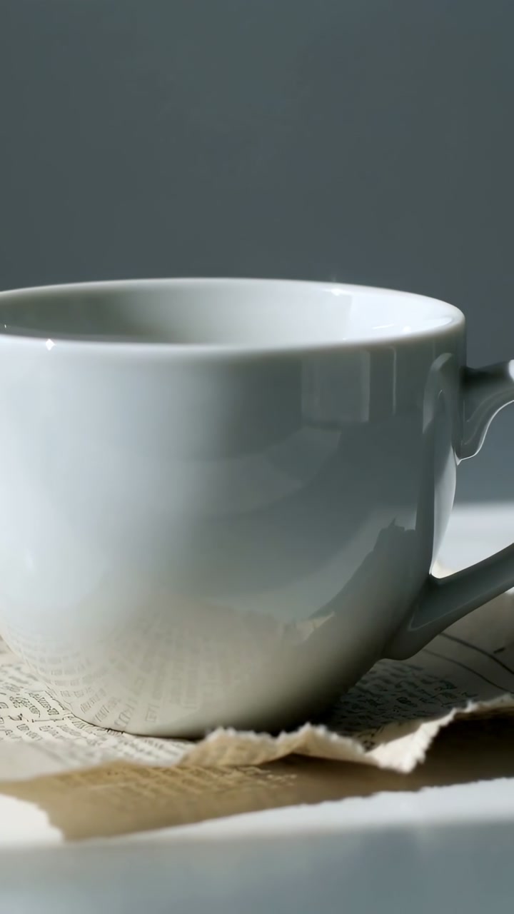 Vertical video: Shifting camera revealing white ceramic cup on torn paper tabletop, showing handle