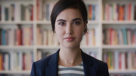 portrait professional young business woman intern turns head looking confident successful female wearing stylish formal suit in library study background