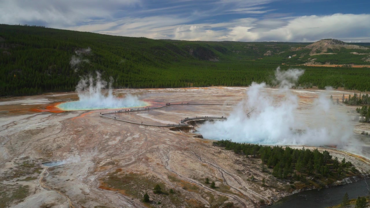 Högt belägen utsiktsled vid Grand Prismatic Spring Overlook, Midway Boardwalk Trail, Firehole River, den största ångande varma källan i Mid Geyser Basin, Wyoming, Yellowstone nationalpark – en turistattraktion.