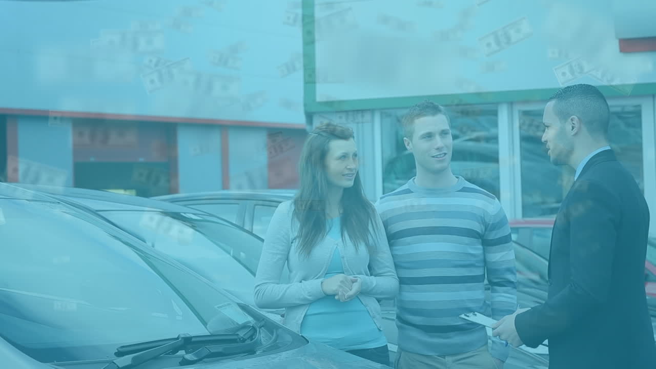 남성 자동차 판매자와 함께 백인 부부 위를 날아다니는 미국 달러 지폐의 애니메이션