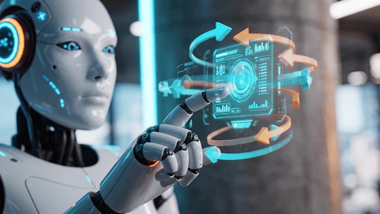 Advanced humanoid robot interacting with holographic interface, showcasing futuristic technology and AI capabilities in a modern environment with illuminated details.