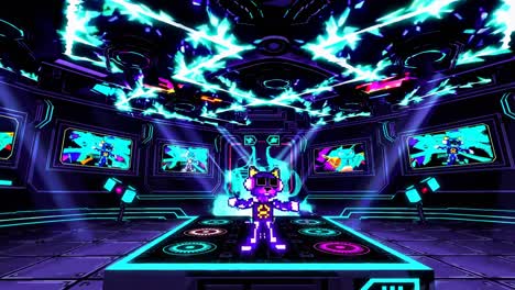 pixelated cat dj in a futuristic cyberpunk club