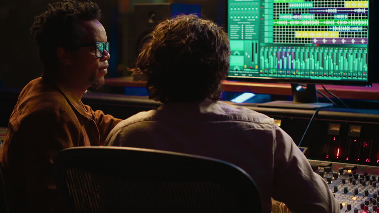 Music production team examining volume levels on audio software