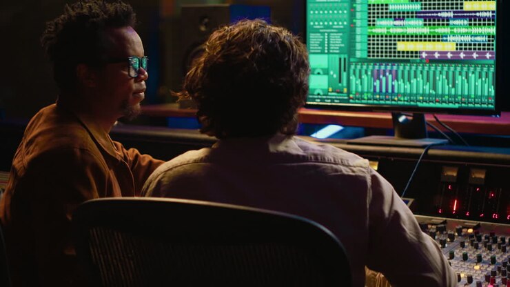 Music production team examining volume levels on audio software