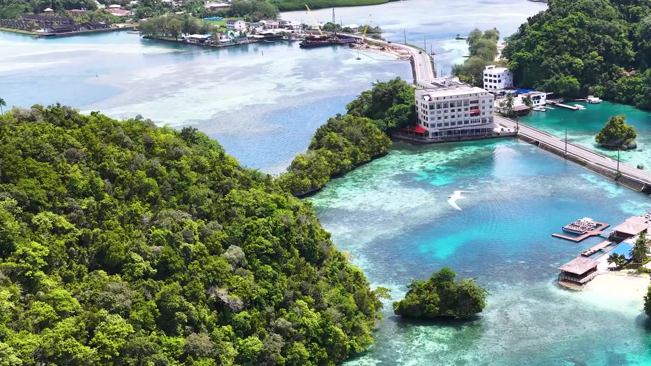 Toma aérea de ángulo alto de un resort en una isla tropical con agua turquesa y exuberante vegetación.