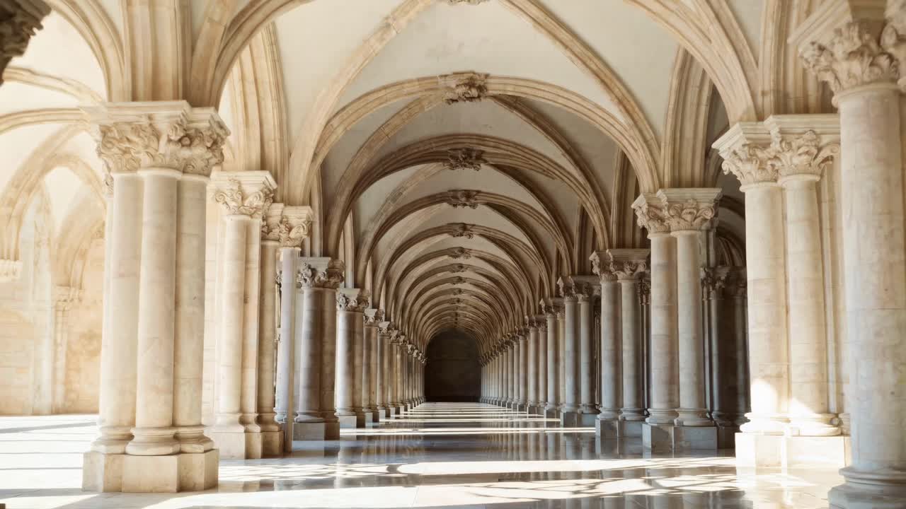 Un video ripreso dal basso di un grande corridoio ad arco con colonne ornate e un pavimento riflettente.