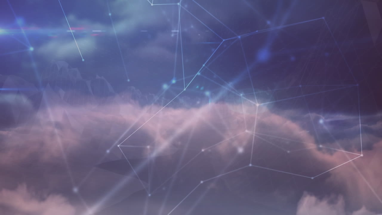 Animation of networks of connections over clouds in sky in background