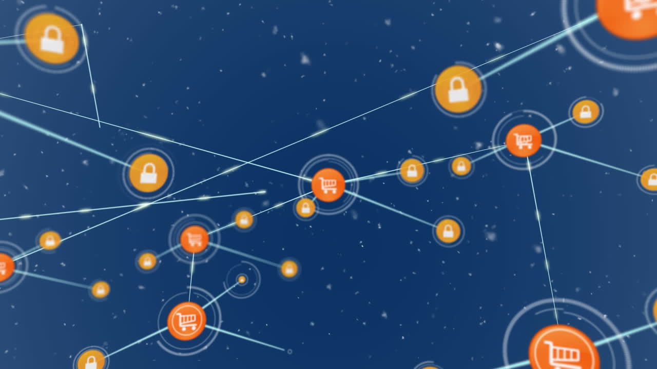 Animazione di particelle bianche in caduta su una rete di icone digitali su sfondo blu