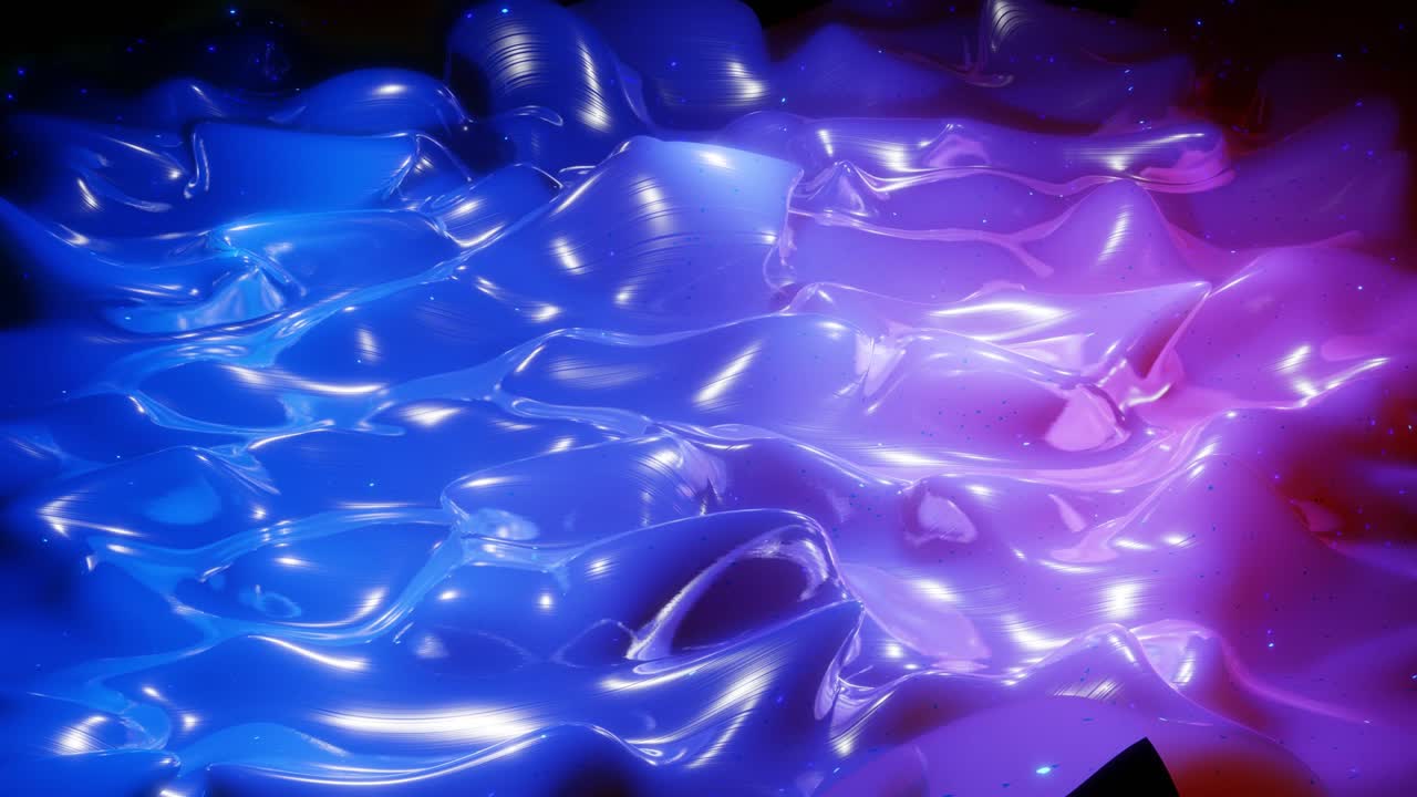 Abstract 3D surface with beautiful waves, luminous sparkles and bright color gradient blue purple. Waves run on very shiny, glossy surface with glow glitter. 4k looped animation