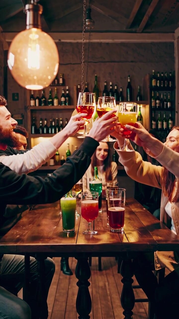 Gruppo di amici che brindano con bevande in un bar accogliente